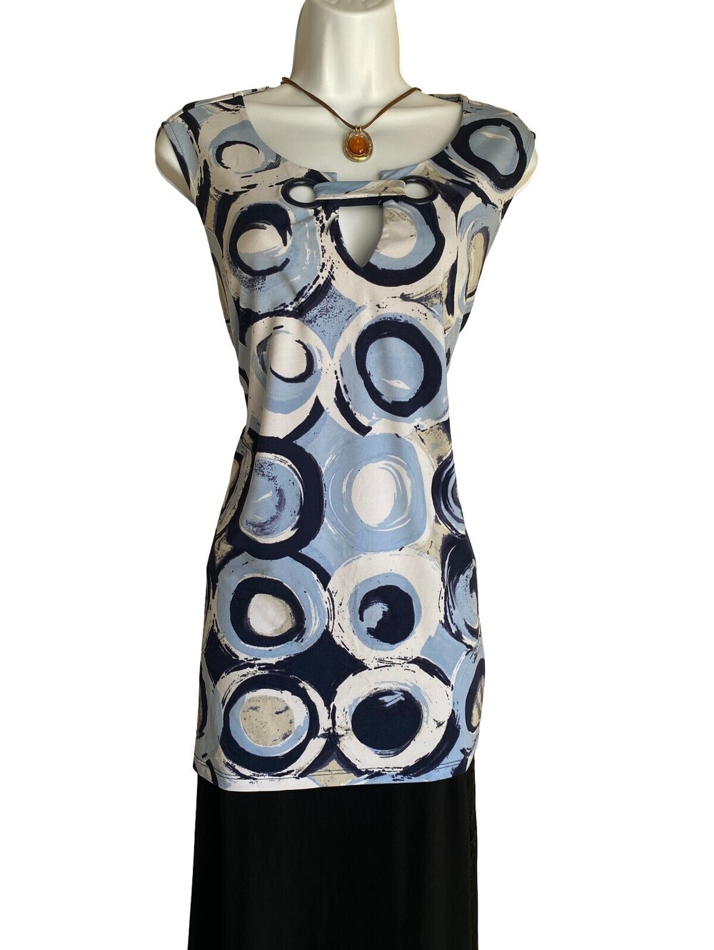 VTG Alfani Women's Plus 1X Blue Abstract Circle Tunic Blouse Artsy Festival Fall